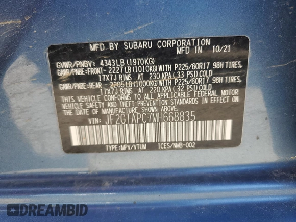 2021 Subaru Crosstrek Premium with VIN JF2GTAPC7MH668835, listed as a Copart auction lot 58157875 with 39,645 mi miles and Salvage title. Bid and sale history available at DreamBid. Image 13.