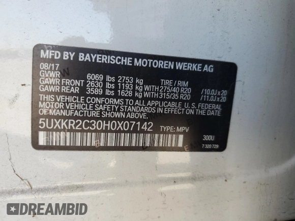 2017 BMW X5 sDrive35i with VIN 5UXKR2C30H0X07142, listed as a Copart auction lot 52051445 with 43,520 mi miles and Salvage Title. Bid and sale history available at carsss.com. Image 14.