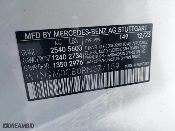 2024 Mercedes-Benz EQB with VIN W1N9M0CB0RN077159, listed as a IAAI auction lot 41561661 with 2,048 mi miles. Bid and sale history available at carsss.com. Image 9.