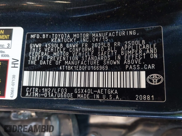 2015 Toyota Avalon Limited with VIN 4T1BK1EB0FU166969, listed as a IAAI auction lot 41987005 with 111,266 mi miles and . Bid and sale history available at DreamBid. Image 9.