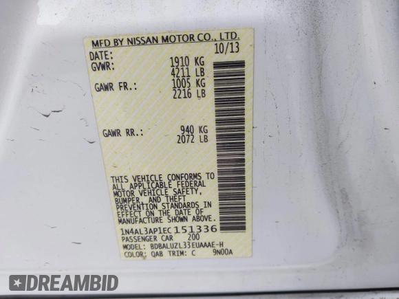 2014 Nissan Altima SL with VIN 1N4AL3AP1EC151336, listed as a IAAI auction lot 41465174 with 176,136 mi miles and . Bid and sale history available at DreamBid. Image 9.