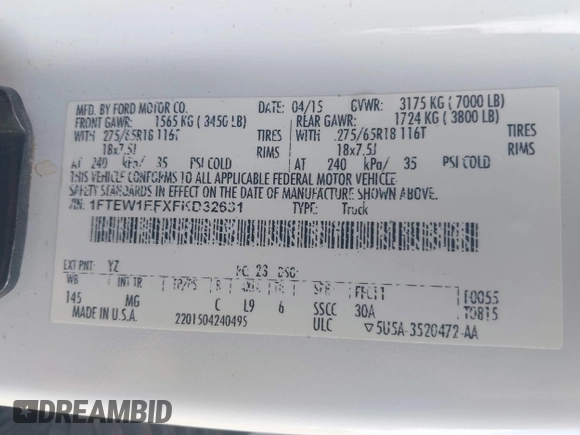 2015 Ford F-150 XLT with VIN 1FTEW1EFXFKD32631, listed as a IAAI auction lot 42454554 with 162,104 mi miles and . Bid and sale history available at DreamBid. Image 9.