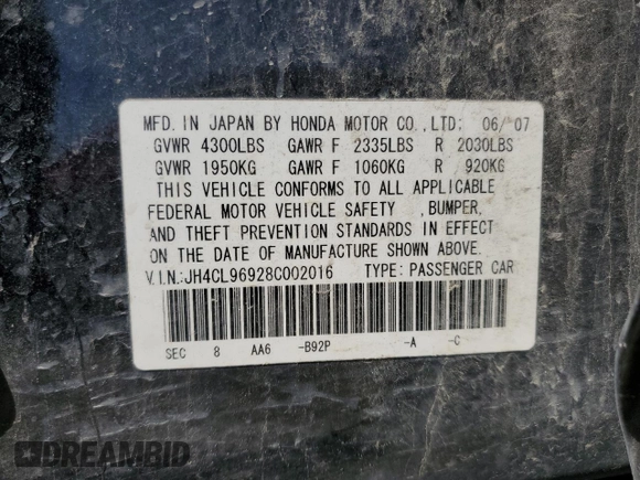 2008 Acura TSX Nav with VIN JH4CL96928C002016, listed as a Copart auction lot 50033114 with 220,823 mi miles and Non Repairable. Bid and sale history available at carsss.com. Image 14.