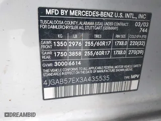 2003 Mercedes-Benz M-Class 3.7L with VIN 4JGAB57EX3A435535, listed as a IAAI auction lot 42099551 with 205,226 mi miles. Bid and sale history available at carsss.com. Image 9.
