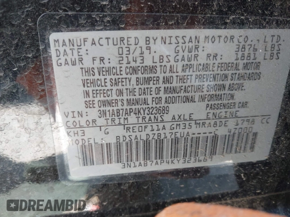 2019 Nissan Sentra SV z VIN 3N1AB7AP4KY323689, wystawiony jako IAAI lot #41965318 z przebiegiem 61 194 mil mil oraz . Historia ofert i sprzedaży dostępna na DreamBid. Obrazek 9.