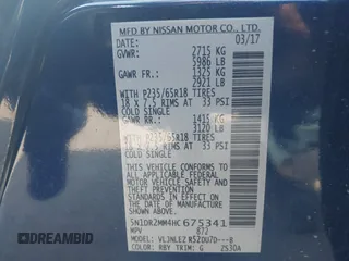 2017 Nissan Pathfinder SV with VIN 5N1DR2MM4HC675341, listed as a IAAI auction lot 40087490 with 95,106 mi miles. Bid and sale history available at carsss.com. Image 9.