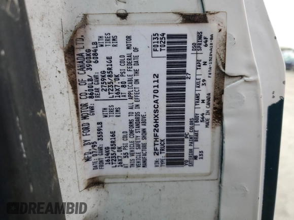 1995 Ford F-250 with VIN 2FTHF26HXSCA70112, listed as a Copart auction lot 89139135 with Not provided miles and Salvage title. Bid and sale history available at DreamBid. Image 12.