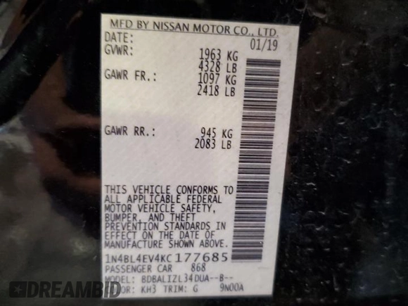 2019 Nissan Altima 2.5 SL with VIN 1N4BL4EV4KC177685, listed as a Copart auction lot 52970905 with 85,811 mi miles and Salvage Title. Bid and sale history available at carsss.com. Image 12.