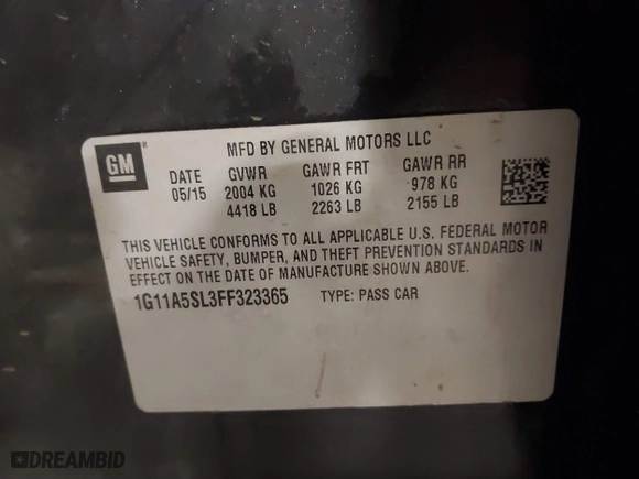 2015 Chevrolet Malibu LS with VIN 1G11A5SL3FF323365, listed as a IAAI auction lot 41854940 with 146,167 mi miles. Bid and sale history available at carsss.com. Image 9.