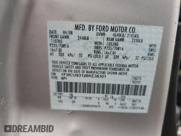 2008 Ford Escape XLT с VIN 1FMCU93128KE38301, выставлен на аукционе Copart как лот 59770315 с пробегом 194 619 миль миль и Списание • Salvage title. История ставок и продаж доступна на DreamBid. Изображение 12.