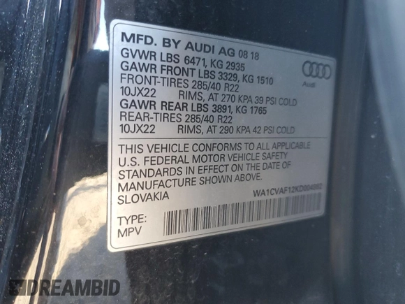 2019 Audi Q8 Prestige with VIN WA1CVAF12KD004982, listed as a Copart auction lot 88456775 with 72,135 mi miles and Salvage title. Bid and sale history available at DreamBid. Image 13.