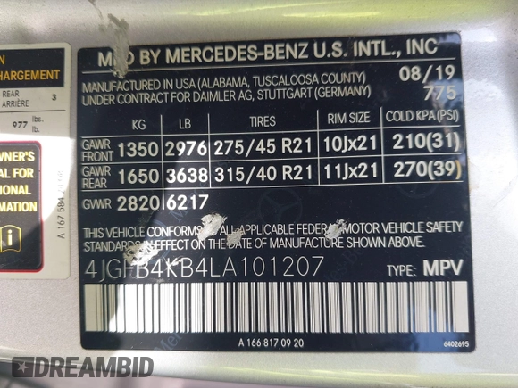 2020 Mercedes-Benz GLE 350 z VIN 4JGFB4KB4LA101207, wystawiony jako IAAI lot #42265732 z przebiegiem 61 962 mil mil oraz . Historia ofert i sprzedaży dostępna na DreamBid. Obrazek 9.