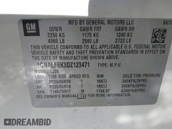 2013 Chevrolet Equinox LTZ with VIN 1GNALFEK3DZ123471, listed as a IAAI auction lot 41534016 with 121,620 mi miles. Bid and sale history available at carsss.com. Image 9.