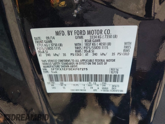 2014 Ford F-150 XL with VIN 1FTFX1EF5EKF67275, listed as a IAAI auction lot 42535512 with 88,181 mi miles and . Bid and sale history available at DreamBid. Image 9.