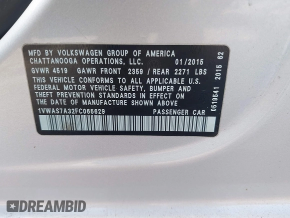 2015 Volkswagen Passat Wolfsburg Edition with VIN 1VWAS7A32FC065629, listed as a IAAI auction lot 42461831 with 137,367 mi miles and . Bid and sale history available at DreamBid. Image 9.