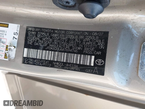 2008 Toyota Prius with VIN JTDKB20U687694746, listed as a IAAI auction lot 41669434 with 154,444 mi miles. Bid and sale history available at carsss.com. Image 9.