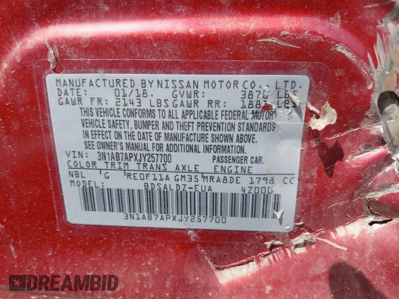 2018 Nissan Sentra SV with VIN 3N1AB7APXJY257700, listed as a IAAI auction lot 36090284 with Not Provided miles. Bid and sale history available at carsss.com. Image 9.