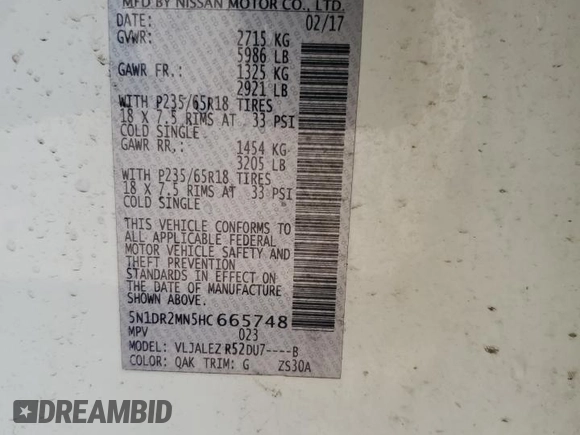 2017 Nissan Pathfinder SV with VIN 5N1DR2MN5HC665748, listed as a Copart auction lot 61188755 with 148,657 mi miles and Salvage title. Bid and sale history available at DreamBid. Image 12.