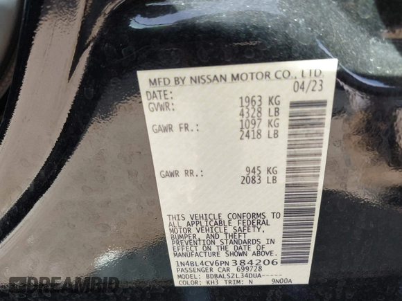 2023 Nissan Altima SR z VIN 1N4BL4CV6PN384206, wystawiony jako IAAI lot #41753570 z przebiegiem 32 594 mil mil oraz . Historia ofert i sprzedaży dostępna na DreamBid. Obrazek 9.
