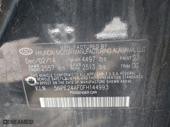 2015 Hyundai Sonata 2.4L SE with VIN 5NPE24AF0FH144993, listed as a IAAI auction lot 40390708 with 160,724 mi miles. Bid and sale history available at carsss.com. Image 9.