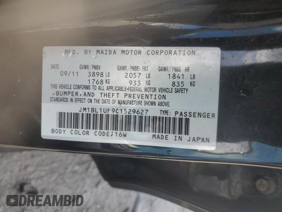 2012 Mazda 3 i Sport with VIN JM1BL1UF9C1529627, listed as a Copart auction lot 56477075 with 164,994 mi miles and Clean Title. Bid and sale history available at DreamBid. Image 12.