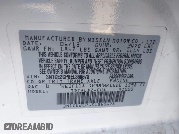 2014 Nissan Note S with VIN 3N1CE2CP6EL360678, listed as a IAAI auction lot 41490186 with 130,162 mi miles and . Bid and sale history available at DreamBid. Image 9.