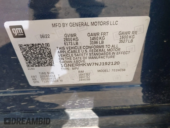 2022 Chevrolet Traverse LT with VIN 1GNERHKW7NJ192120, listed as a IAAI auction lot 42169520 with 83,034 mi miles and . Bid and sale history available at DreamBid. Image 9.