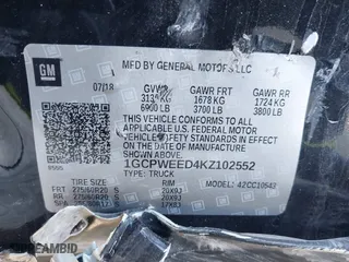 2019 Chevrolet Silverado 1500 LTZ with VIN 1GCPWEED4KZ102552, listed as a IAAI auction lot 41479603 with 104,913 mi miles. Bid and sale history available at carsss.com. Image 9.