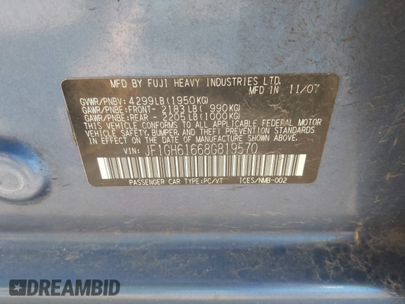 2008 Subaru Impreza i с VIN JF1GH61668G819570, выставлен на аукционе IAAI как лот 42098037 с пробегом 161 291 миль миль и . История ставок и продаж доступна на DreamBid. Изображение 9.