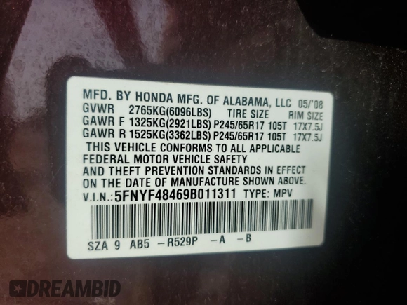 2009 Honda Pilot EX with VIN 5FNYF48469B011311, listed as a Copart auction lot 53736235 with 213,133 mi miles and Salvage Title. Bid and sale history available at DreamBid. Image 12.