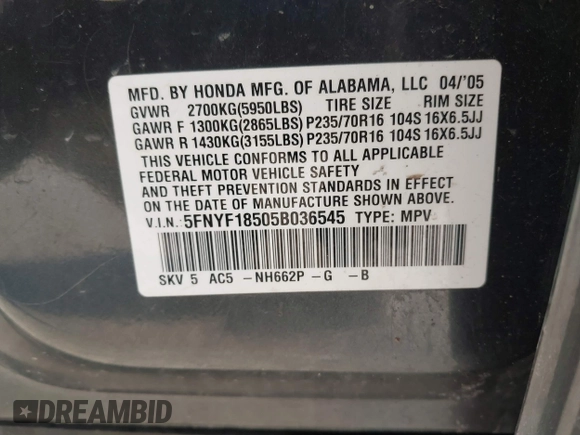 2005 Honda Pilot EX-L with VIN 5FNYF18505B036545, listed as a IAAI auction lot 41633967 with 184,038 mi miles. Bid and sale history available at carsss.com. Image 9.