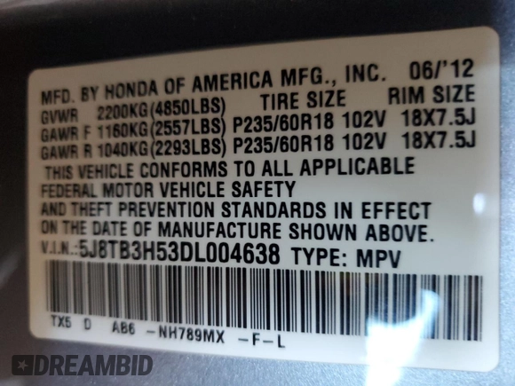 2013 Acura RDX Technology with VIN 5J8TB3H53DL004638, listed as a Copart auction lot 47065335 with 117,956 mi miles and Salvage title. Bid and sale history available at DreamBid. Image 12.