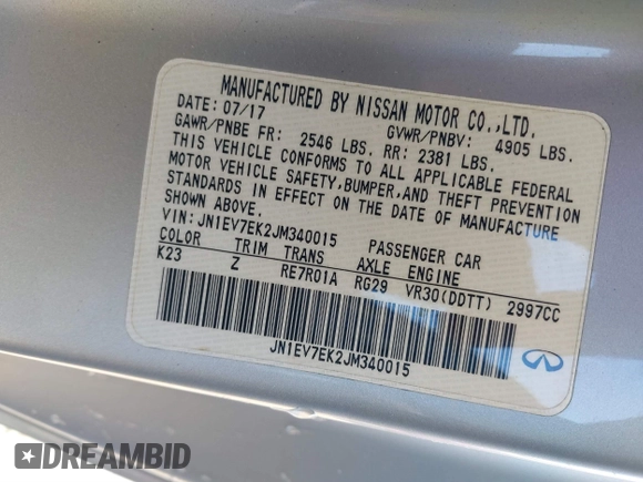 2018 Infiniti Q60 Luxe with VIN JN1EV7EK2JM340015, listed as a IAAI auction lot 41240379 with 115,040 mi miles and . Bid and sale history available at carsss.com. Image 9.