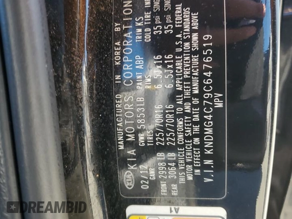 2012 Kia Sedona LX with VIN KNDMG4C79C6476519, listed as a Copart auction lot 67758564 with 173,308 mi miles and Salvage Title. Bid and sale history available at carsss.com. Image 15.
