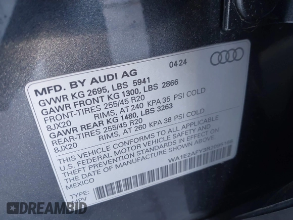 2024 Audi Q5 S line Premium Plus с VIN WA1E2AFY3R2095166, выставлен на аукционе IAAI как лот 41652110 с пробегом 531 миль миль и . История ставок и продаж доступна на DreamBid. Изображение 9.