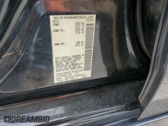 2014 Nissan Altima 2.5 S with VIN 1N4AL3APXEC326263, listed as a Copart auction lot 54184225 with 120,232 mi miles and Salvage Title. Bid and sale history available at carsss.com. Image 12.