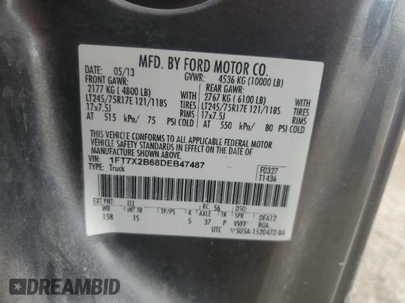 2013 Ford F-250 XL with VIN 1FT7X2B68DEB47487, listed as a Copart auction lot 85341004 with 194,035 mi miles and Salvage Title. Bid and sale history available at DreamBid. Image 13.