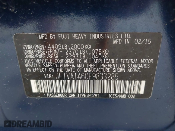 2015 Subaru WRX with VIN JF1VA1A60F9833285, listed as a IAAI auction lot 42127612 with 100,035 mi miles and . Bid and sale history available at DreamBid. Image 9.