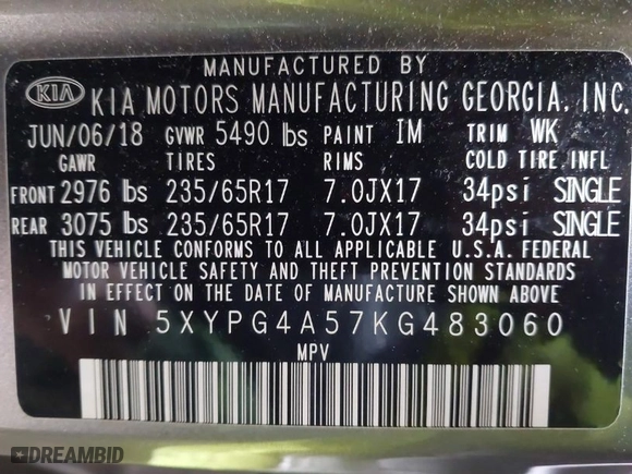 2019 Kia Sorento LX V6 with VIN 5XYPG4A57KG483060, listed as a IAAI auction lot 41420353 with NaN miles. Bid and sale history available at carsss.com. Image 9.
