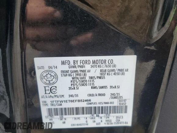 2014 Ford F-150 XL with VIN 1FTFW1ET6EFB52466, listed as a Copart auction lot 54357275 with 225,955 mi miles and Clean Title. Bid and sale history available at carsss.com. Image 12.