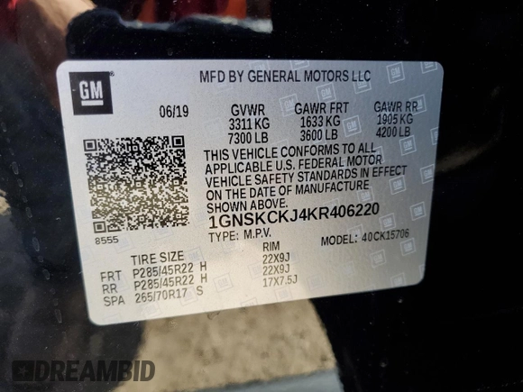 2019 Chevrolet Tahoe Premier with VIN 1GNSKCKJ4KR406220, listed as a Copart auction lot 50491344 with 37,254 mi miles and Salvage title. Bid and sale history available at DreamBid. Image 16.