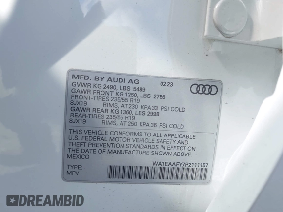 2023 Audi Q5 S line Premium Plus z VIN WA1EAAFY7P2111157, wystawiony jako IAAI lot #41953269 z przebiegiem 14 311 mil mil oraz . Historia ofert i sprzedaży dostępna na DreamBid. Obrazek 9.