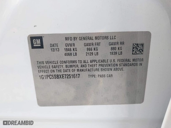 2014 Chevrolet Cruze 1LT with VIN 1G1PC5SBXE7251617, listed as a IAAI auction lot 41854990 with 128,691 mi miles. Bid and sale history available at carsss.com. Image 9.