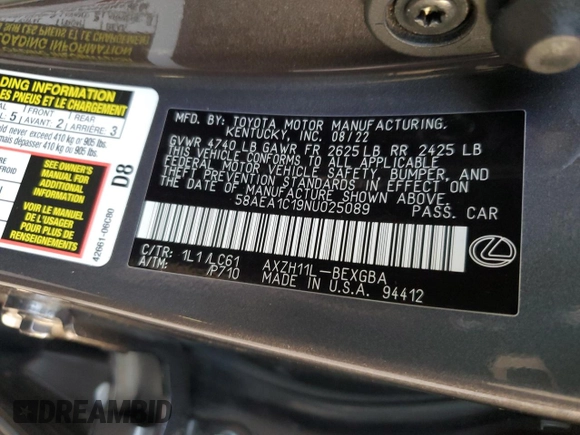 2022 Lexus ES 300h Luxury with VIN 58AEA1C19NU025089, listed as a Copart auction lot 80457754 with 28,552 mi miles and Salvage title. Bid and sale history available at DreamBid. Image 14.