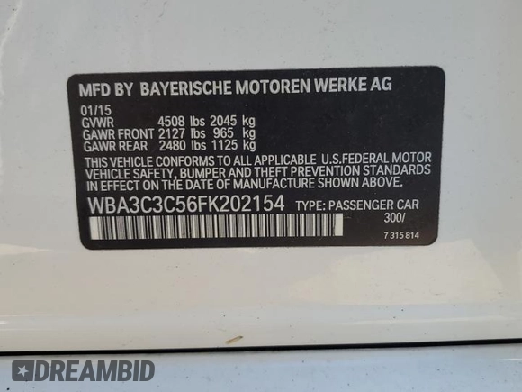 2015 BMW 3 Series 320i xDrive with VIN WBA3C3C56FK202154, listed as a Copart auction lot 54655145 with 71,205 mi miles and Salvage title. Bid and sale history available at DreamBid. Image 12.