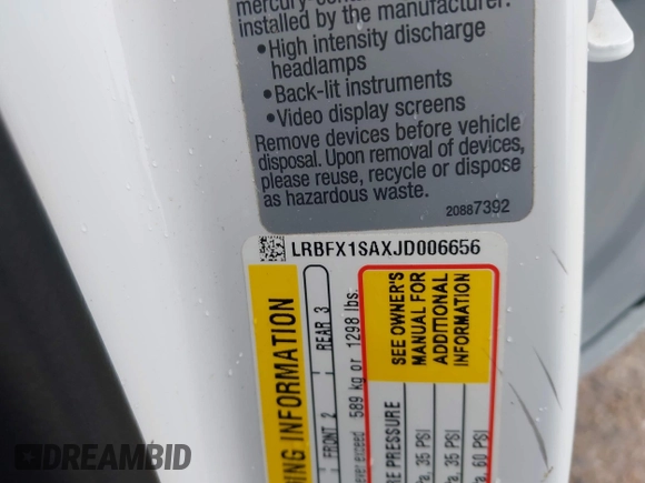 2018 Buick Envision Essence with VIN LRBFX1SAXJD006656, listed as a IAAI auction lot 41548118 with 40,925 mi miles and . Bid and sale history available at DreamBid. Image 9.