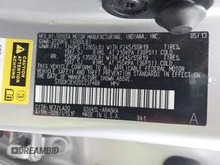 2013 Toyota Highlander Limited with VIN 5TDDK3EH2DS237488, listed as a IAAI auction lot 42672328 with 196,981 mi miles and . Bid and sale history available at DreamBid. Image 9.