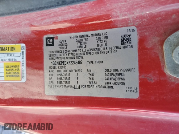 2015 Chevrolet Silverado 1500 Work Truck with VIN 1GCNKPECXFZ248482, listed as a Copart auction lot 46659395 with 207,386 mi miles and Clean Title. Bid and sale history available at carsss.com. Image 12.