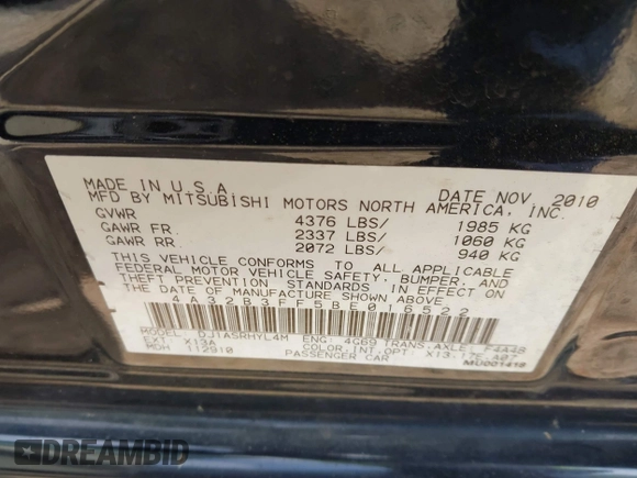 2011 Mitsubishi Galant ES with VIN 4A32B3FF5BE016522, listed as a IAAI auction lot 42014752 with 175,195 mi miles. Bid and sale history available at carsss.com. Image 9.