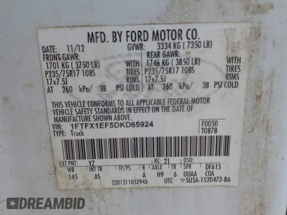 2013 Ford F-150 XL with VIN 1FTFX1EF5DKD65924, listed as a IAAI auction lot 42088693 with 58,714 mi miles and . Bid and sale history available at carsss.com. Image 9.